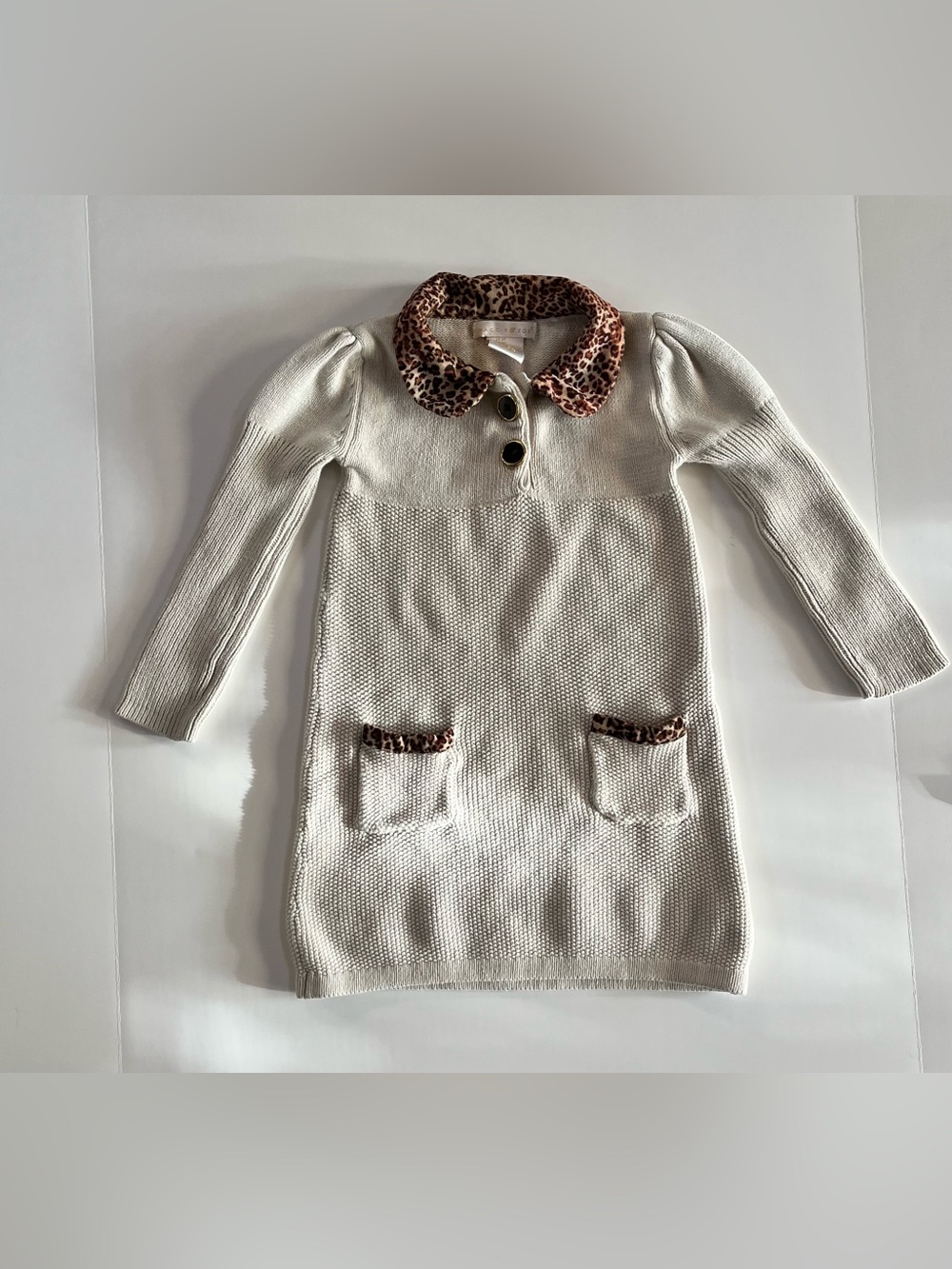 Maggie & Zoe Cream Knit Dress Leopard Collar Pocket Trim, size 5T
